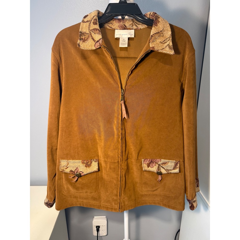 Susan Graver Style Faux Suede Jacket Brown Floral Tapestry Accents Womens Medium